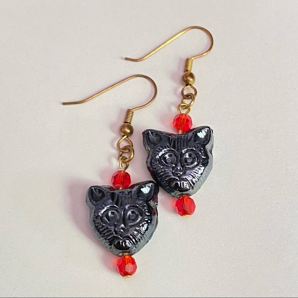 Hand Crafted Jewelry - Hand Crafted Black Cat Dangle Earrings Steel Gray Kitty Kitten Halloween
